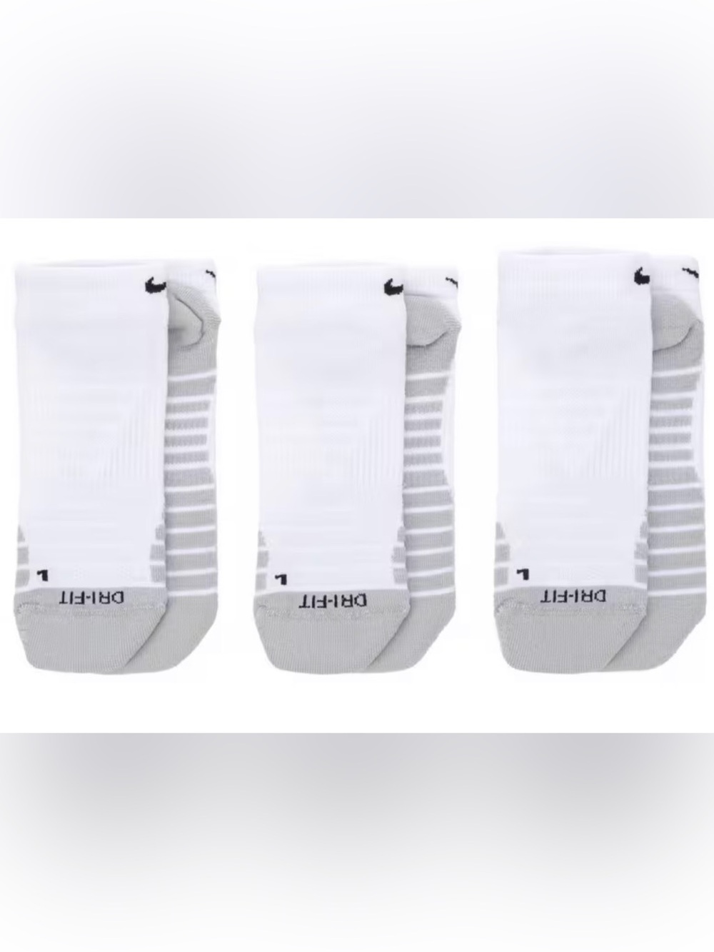 Nike Unisex Dri-Fit White & Gray Low-Cut No Show Athletic Socks - 3 Pack NWT